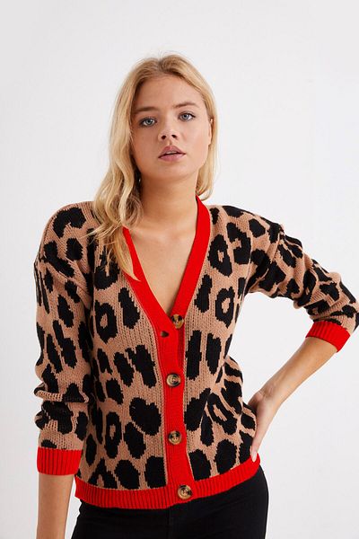 AQE FASHION Women's 4 Button Coral Short Leopard Cardigan