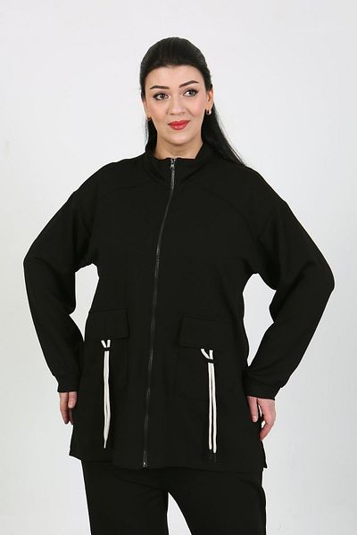 By Alba Collection Women's Black Front Pocket Detail Stretchy Fabric Large Size Tracksuit Set