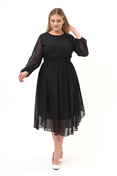 Apsen Collection Apsen Women's Black Crew Neck Long Sleeve Detailed Midi Leng...