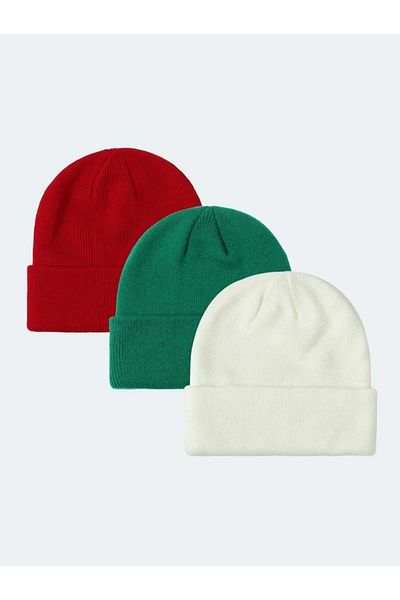 Eke Tekstil Unisex Folded Red, green, white 3-Piece Beret Set