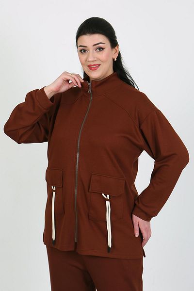 By Alba Collection Дамски кафяв анцуг с преден джоб и гъвкав плат, големи размери