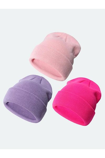 Eke Tekstil Unisex Fuchsia, lilac, pink 3-Piece Beret Set