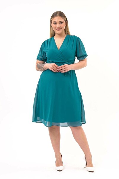 Genel Markalar Apsen Kadın Kruvaze Yaka Kuşaklı Büyük Beden Midi Boy Şifon El...