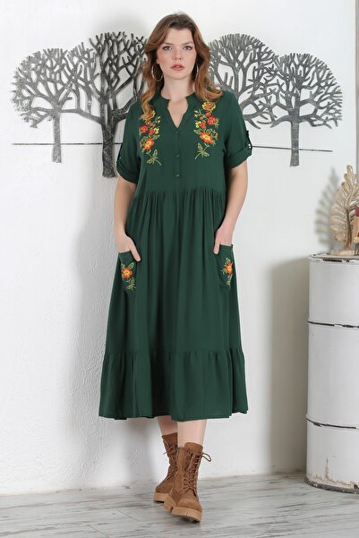 Chiccy Dark Green Dress with Judge Collar - Button, 3/4 Sleeve, Ruffle Hem, Embroidery Detail 134 54