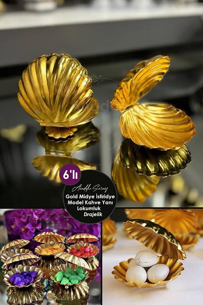 Anadolu Saray Gold Metal 6-Piece Side Mussel Oyster Model - Sugar Bowl, Turkish Delight Bowl, Dragee and Chocolate Bowl