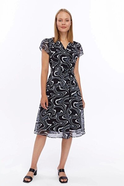 Apsen Collection Apsen Women's Gray Patterned Double-Breasted Collar Midi Len...