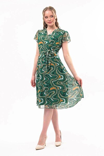 Apsen Collection Apsen Kadın Zümrüt Yeşili Desen Kruvaze Yaka Midi Boy Şifon ...