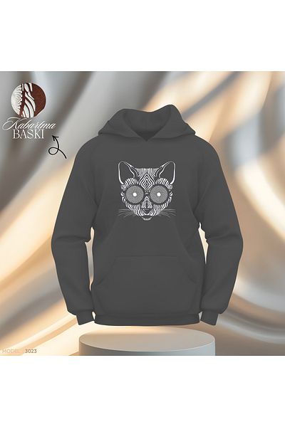 Gölge Store Ανδρικό γυναικείο φούτερ - Ανάγλυφο γάτα, Slimfit Hoodie Hoodie