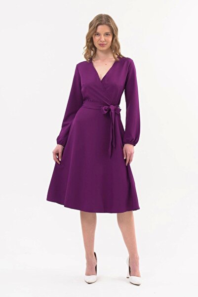 Apsen Collection Apsen Kadın Mor Bağlama Detaylı Kruvaze Yaka Midi Boy Elbise...