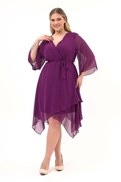 Apsen Collection Apsen Women Purple Double-Breasted Collar Sleeve Detail Midi...