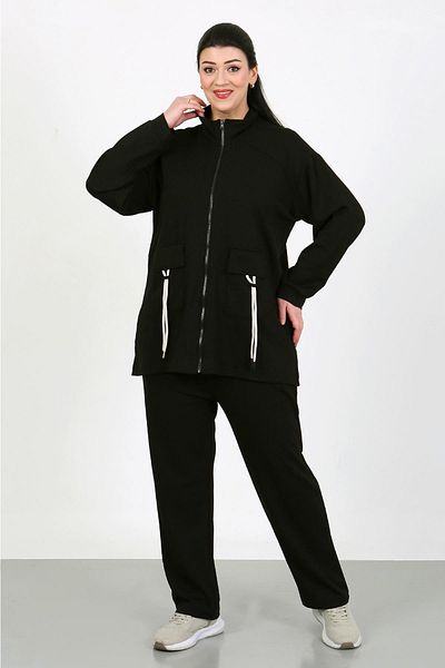 By Alba Collection Women's Black Front Pocket Detail Stretchy Fabric Large Size Tracksuit Set