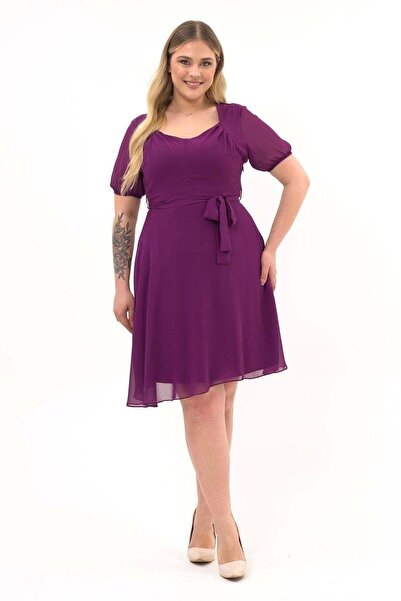 Apsen Collection Apsen Women's Purple Square Neck Pleated Detail Short Sleeve...