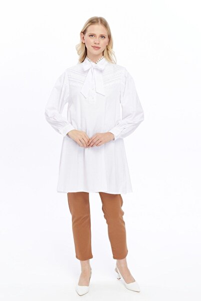 Apsen Collection Women's Scarf Collar Lace Detailed Casual Poplin Tunic 4063/90