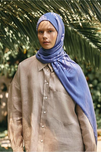 carell Blue Italian Silk Symmetrical Jacquard Jeans Shawl