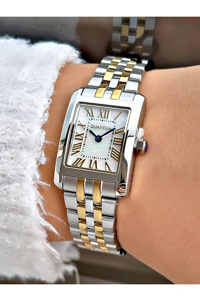 Quantum Special Design Cornered Dial Silver-Gold Color Steel Band Women's Wristwatch 1137.220
