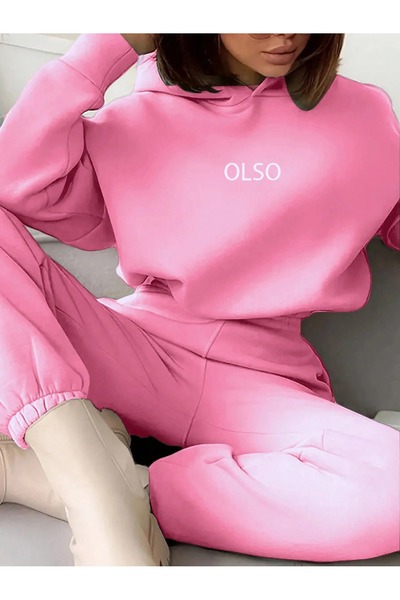 Know Kadın 3 Iplik Pembe Olso Baskılı Kapüşonlu Alt Üst Eşofman Takım