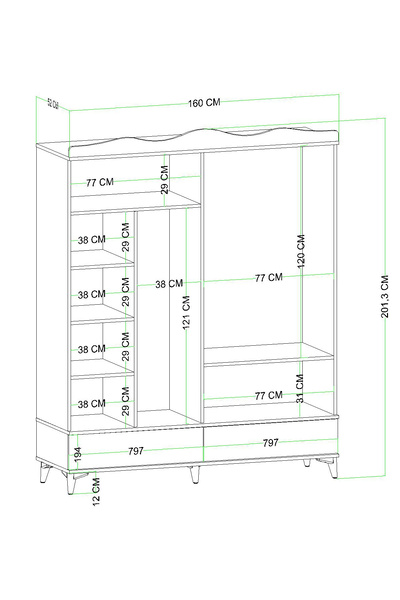 Evdemo Nova 4 Kapaklı 2 Çekmeceli Aynalı Gardırop Beyaz