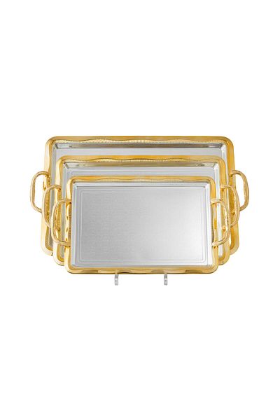 Dania 3 Pieces Silver and Gold Decorated Rectangular Metal Wave Tray Set