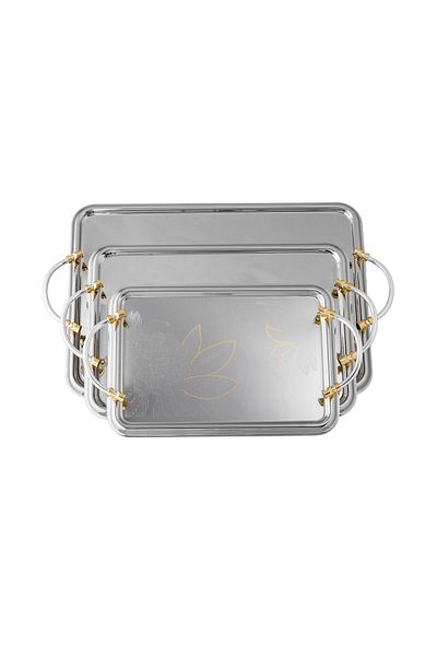Dania Lotus Flower Tray Set, Rectangular Metal, Decorated with Gold Nickel, 3 Pieces