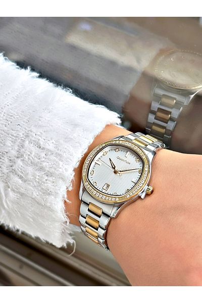 Quantum Special Design Silver-Gold Color 5 Atm Waterproof Steel Band Women's Wristwatch