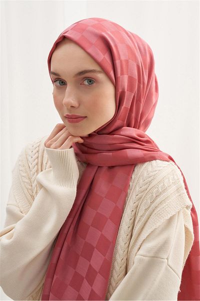 carell Italian Silk Checkers Jacquard Coral Shawl
