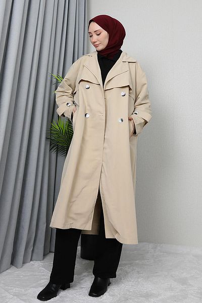 GİZ AGİYİM Μπεζ διπλό στήθος Gabardine Trench