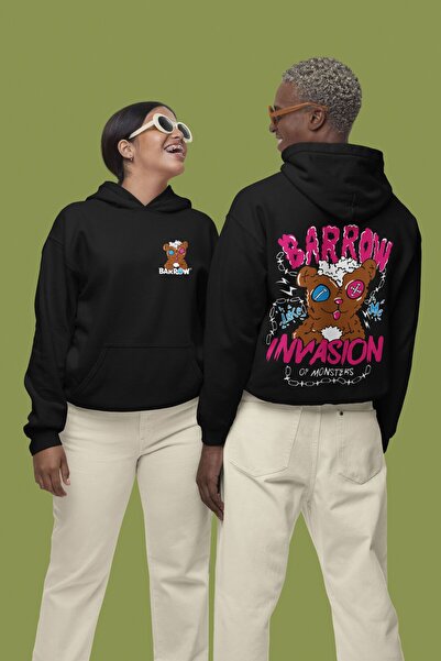 trend of city هوديي أسود بغطاء للرأس للجنسين - طباعة بارو، مقاس مريح، 3 خيوط