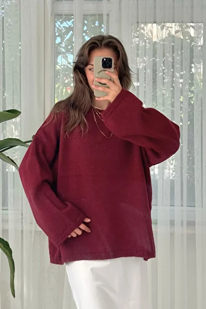 FMN Moda Women Oversize Loose Fitting Pinterest Wide Sleeve Knit Knitwear O-Neck Medium Length Soft Sweater