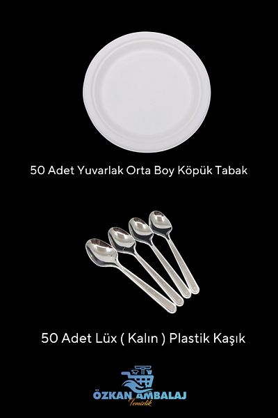 Özkan Ambalaj Temizlik Medium Size Plastic Foam Plate + Luxury Thick Plastic Spoon Set of 50