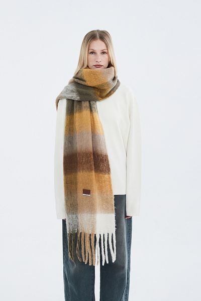 Nordbron Women's Camel Soft Plaid Detailed Scarf Tasseled Long Shawl Thick Winter Textured Stylish Basic Setoon