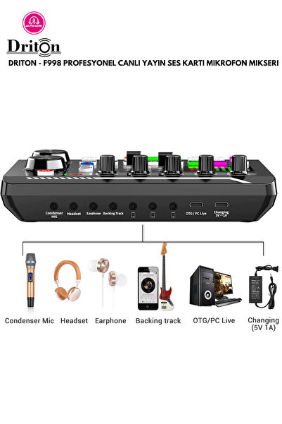 F-998 Stüdyo Ses Mikseri Şarjlı Bluetooth DJ Canlı Yayın Kondenser Mikrofon Bağlantısı