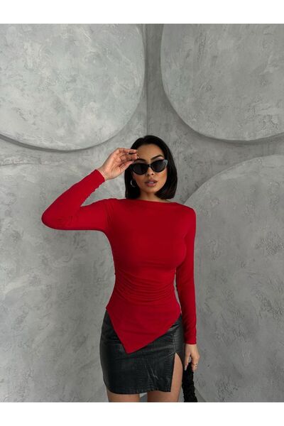 NEHİRGÜNEŞ Asimetrik kesim Drape detaylı ZR model Kadın Bluz