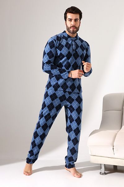 VG BOND MODA Set de pijamale pentru bărbați cu mânecă lungă, cu nasturi în față, cu model pătrat VG107