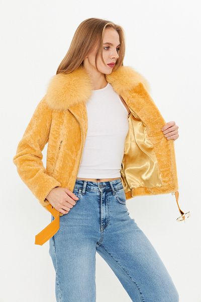 By Marki Marki Women's Yellow Leather Jacket - Special Fur Collar, Astragan, Fur, Belt - 111822