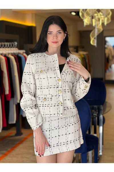 STYLE NİŞANTAŞI Women's Tweed Plaid Pattern Special Occasion Gold Button Jacket Suit Mini Skirt Suit
