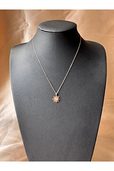 Venüs Doğal Taş Pembe Kuvars Minimal Güneş Rose Gold Kolye