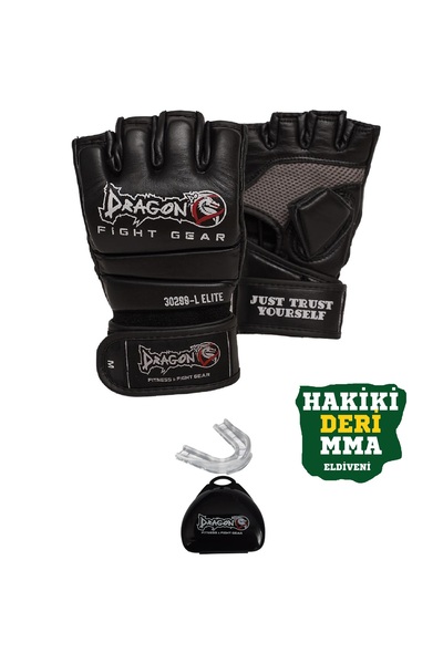 Dragondo HAKİKİ DERİ Elite Mma Eldiveni VE DİŞLİK Hakiki Deri Serbest Dövüş Eldiveni GIFTOOM GLOVES
