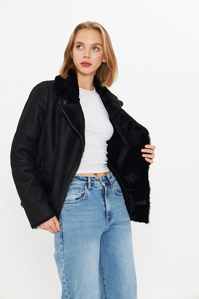 By Marki Marki Genuine Nubuck Leather Women's Jacket - Sheepskin Inside - Fit Black 63 cm - 112122