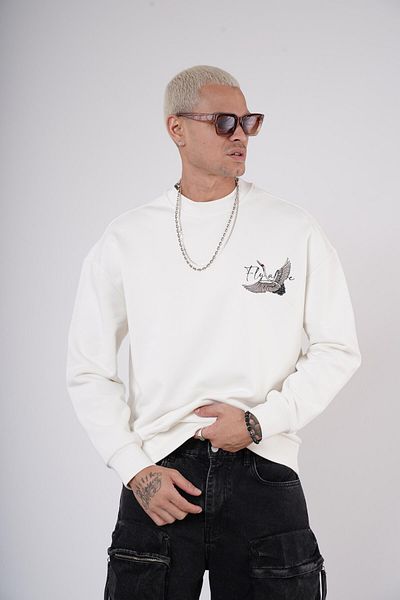 king brich Crew Neck Stork Printed Sweatshirt with Embroidery Detail