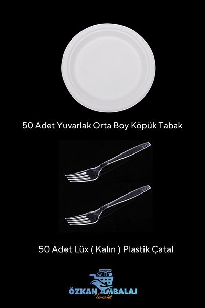 Özkan Ambalaj Temizlik Medium Plastic Foam Plate + Luxury Thick Plastic Fork Set of 50