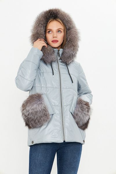 By Marki Marki Women's Inflatable Coat - Genuine Fur Detail, Hood - Ice Blue 75 cm - A001X