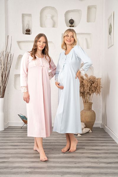 Pelin Cămașă de noapte pentru maternitate, din bumbac albastru, cu mânecă lungă, cu design cu volan