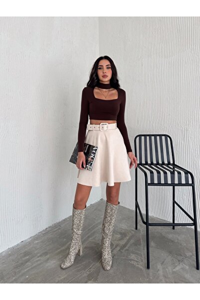 Ozy Fashion Kadın Krem Rengi Midi Boy Kemerli Süet Kloş Etek