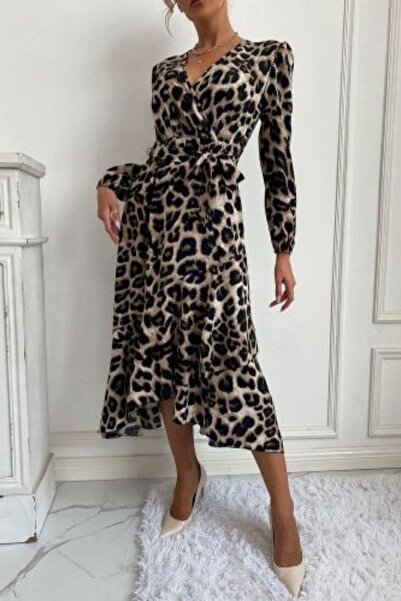 Mossta Φόρεμα μίντι με λεοπάρ στάμπα - Διπλό λαιμόκοψη και ζώνη