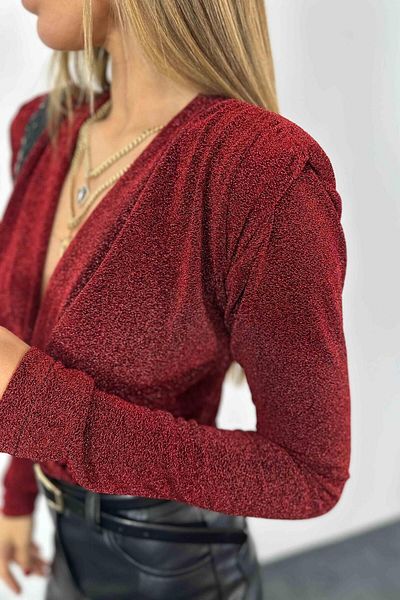 MELEK KOSTAK Women's Burgundy Silvery Double Breasted Collar Padded Snap Bodysuit Christmas Blouse