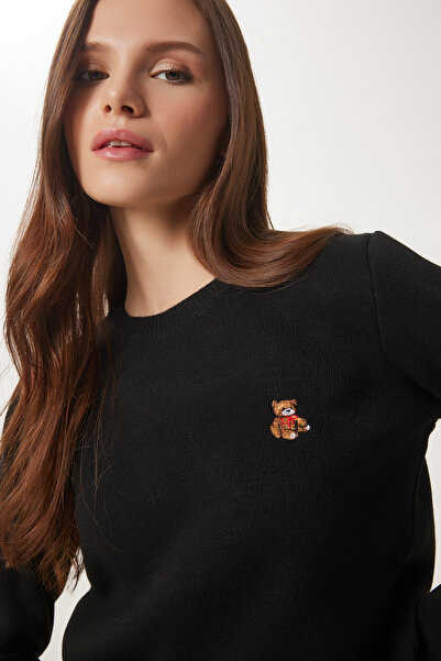 Lovelyİstanbul Μαύρο Πλεκτό Πουλόβερ - Αρκουδάκι κεντημένο, LDP0028