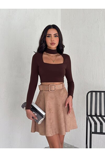 Ozy Fashion Жіноча відкрита коричнева міді-спідниця з поясом із замші