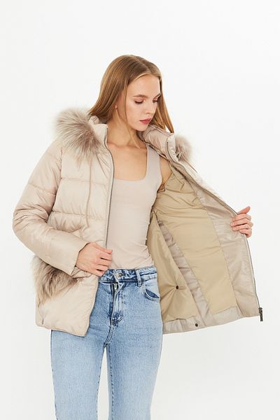 By Marki Marki Women's Inflatable Coat - Genuine Fur Detail, Hood - Beige 75 cm -A001X