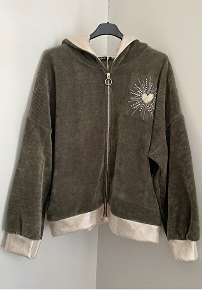 AYASOFYA OTANTIK Kadın Italyan Haki  Kapüşonlu Kalp Desenli Lame Kumaş Detaylı Fermuarlı Salaş Kadife Hırka Ceket