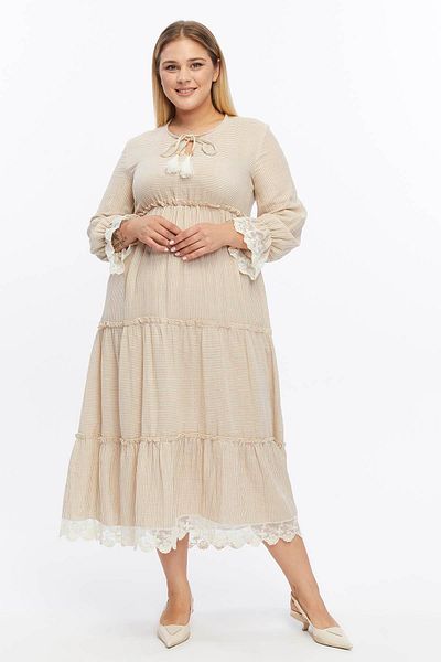 Zer Otantik Beige Striped Muslin Lace Detailed Dress